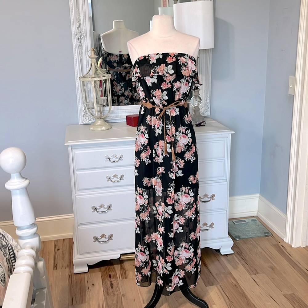 Maxi Dress Black Floral Off the Shoulder Flowy Womens Small